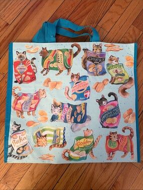Marshalls TJ Maxx Reusable Blue Cat Print Tote Bag with Snack Design